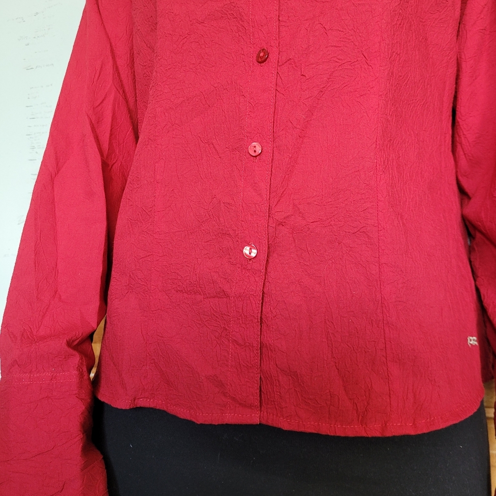 90s Y2K Point Zero Floral Applique Beaded Blouse Red Crinkle Large - Picture 7 of 14